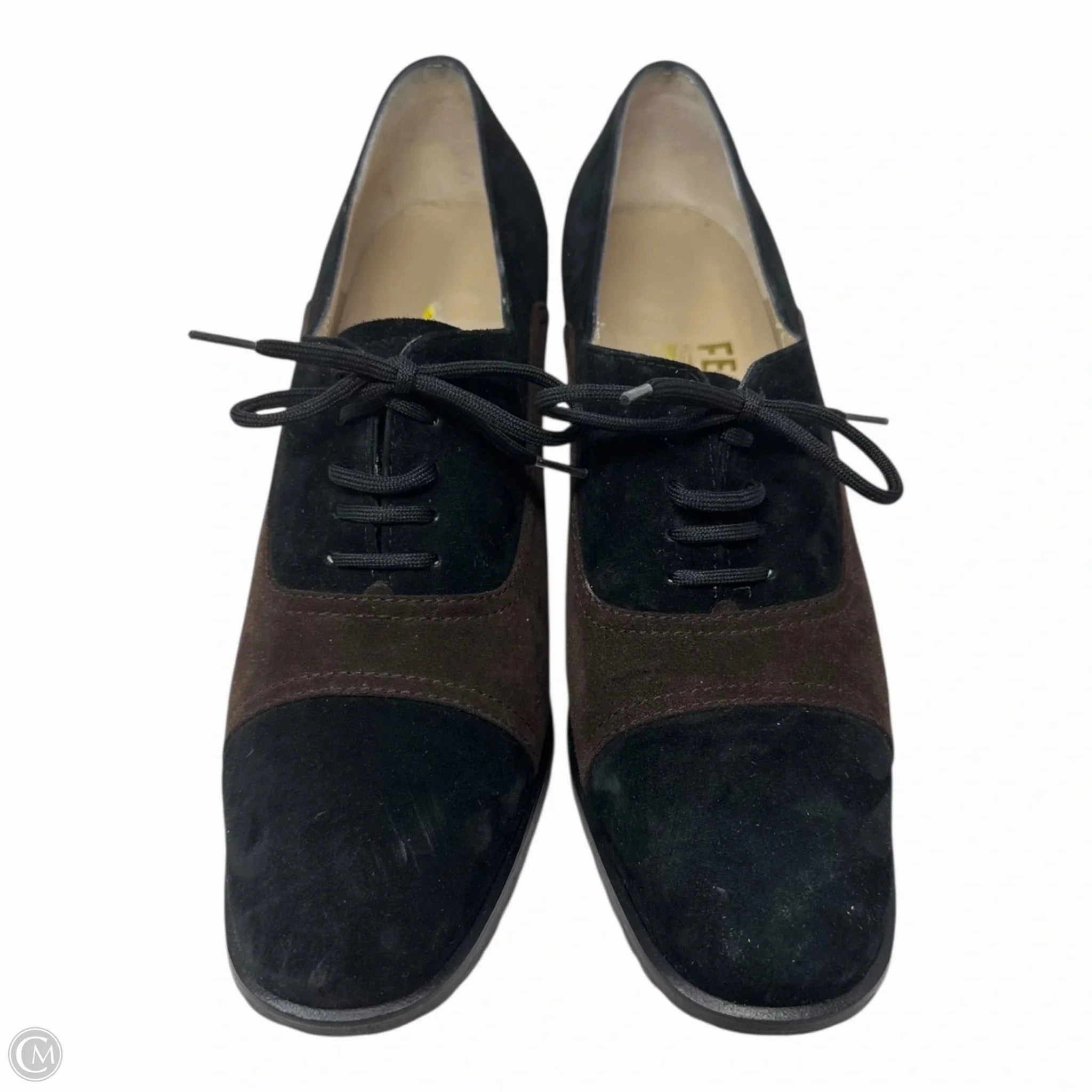 Arca Suede Lace Up Heeled Oxfords Designer By Ferragamo In Black & Brown, Size: 8.5
