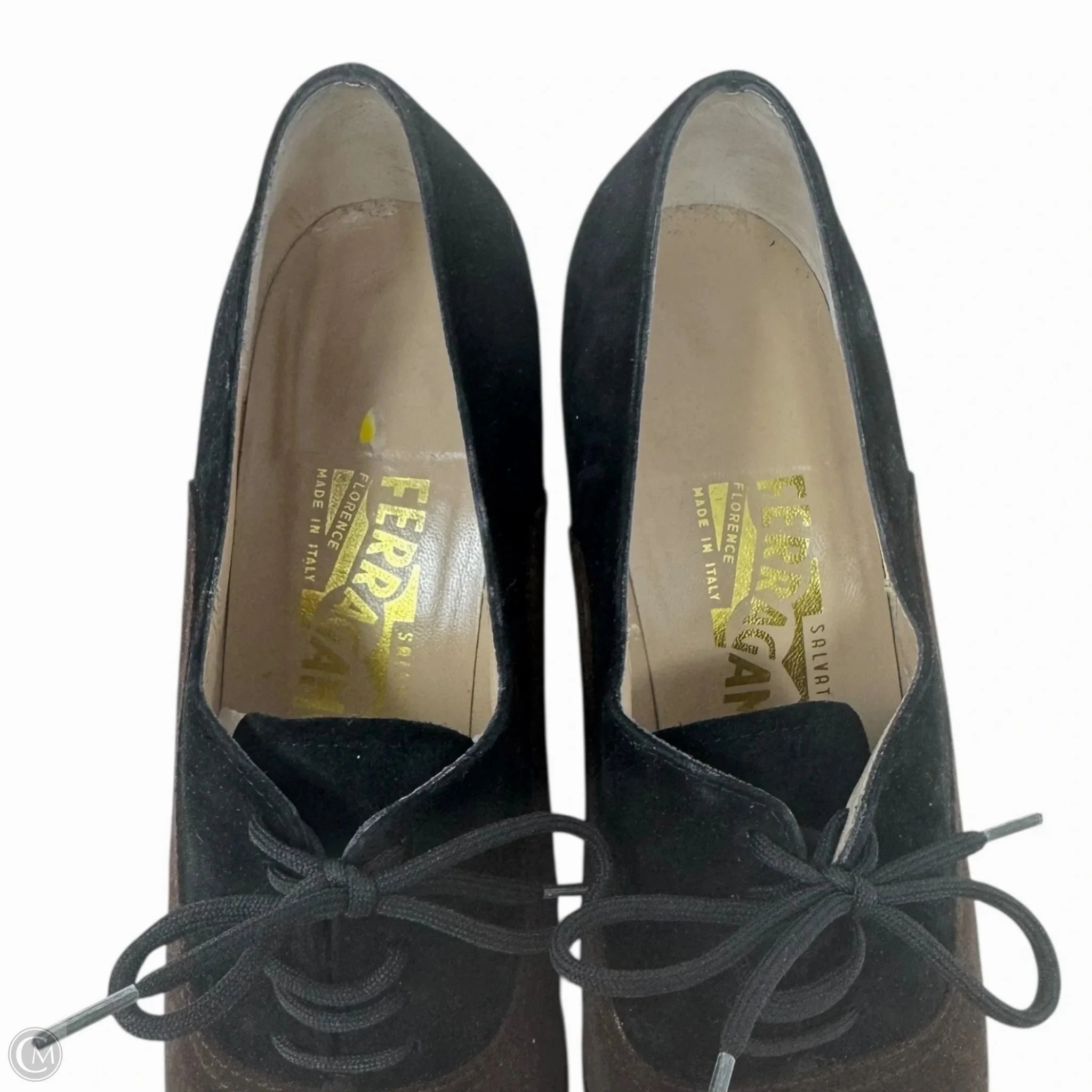 Arca Suede Lace Up Heeled Oxfords Designer By Ferragamo In Black & Brown, Size: 8.5