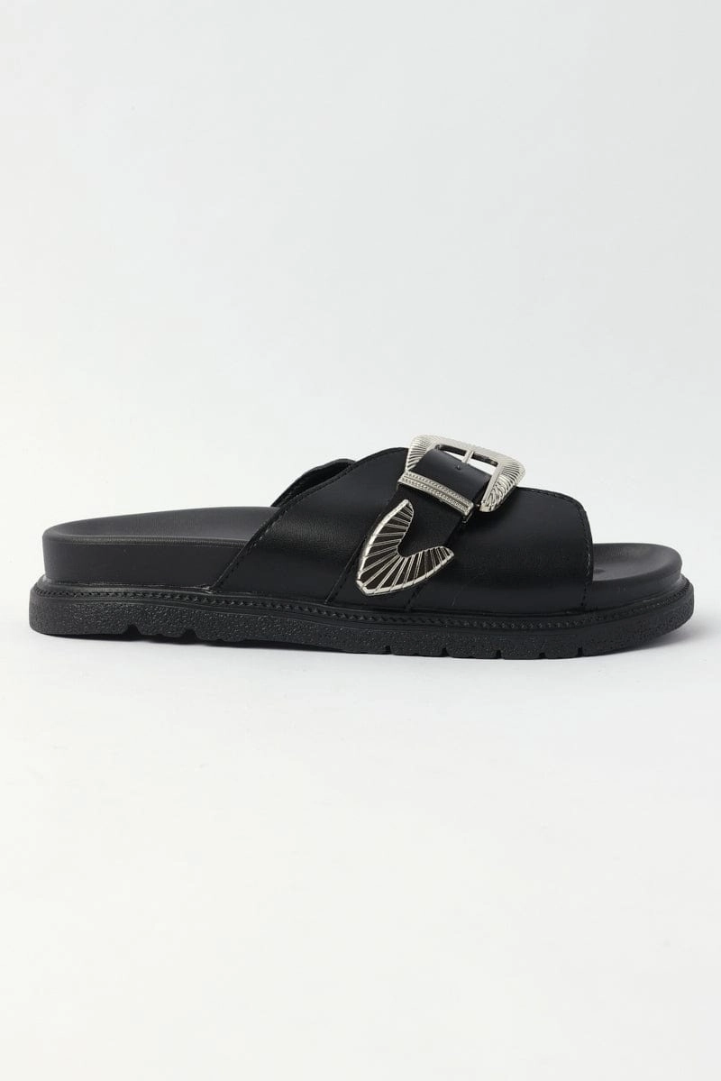 Black Buckled Detail Flat Sandals Slippers