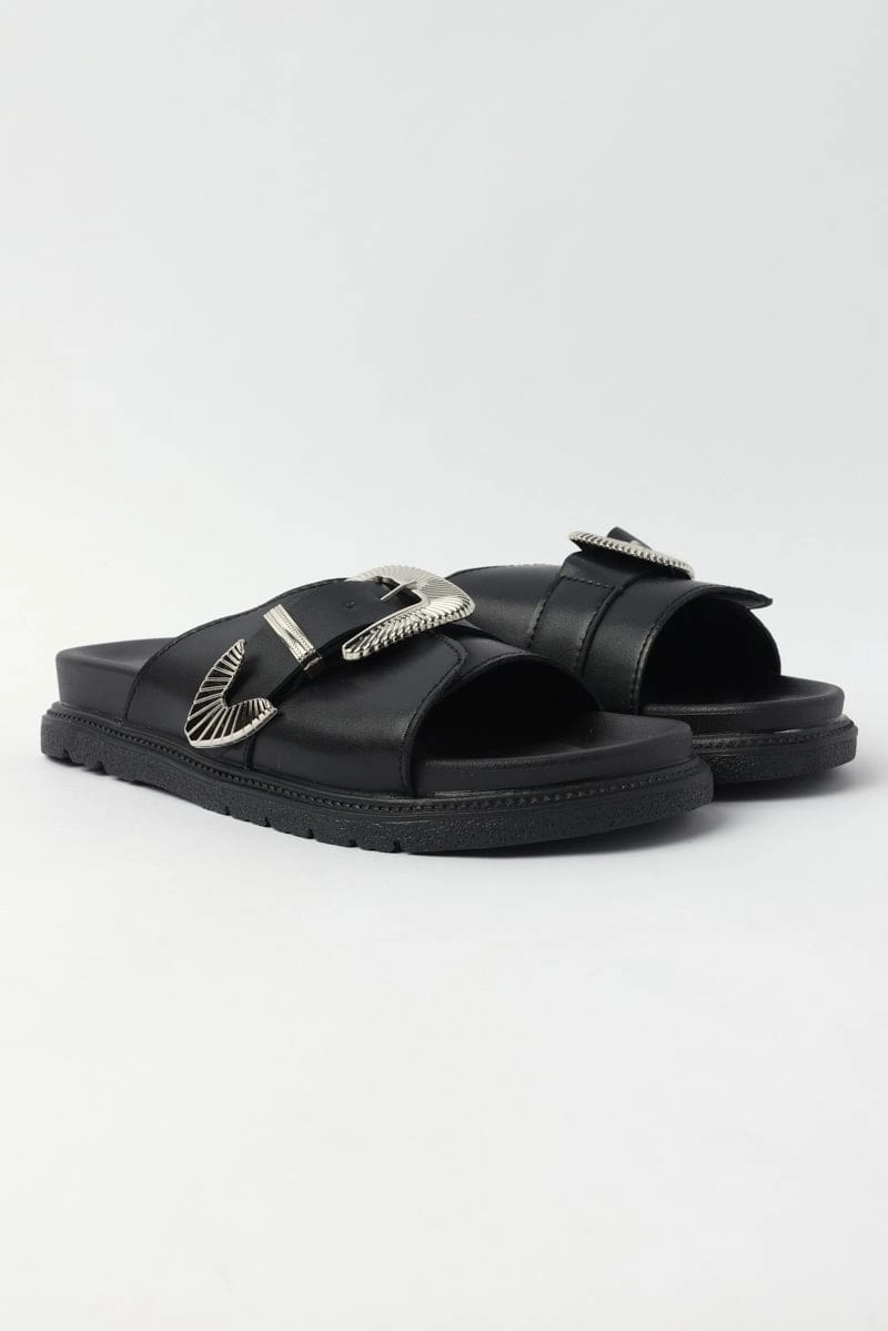 Black Buckled Detail Flat Sandals Slippers