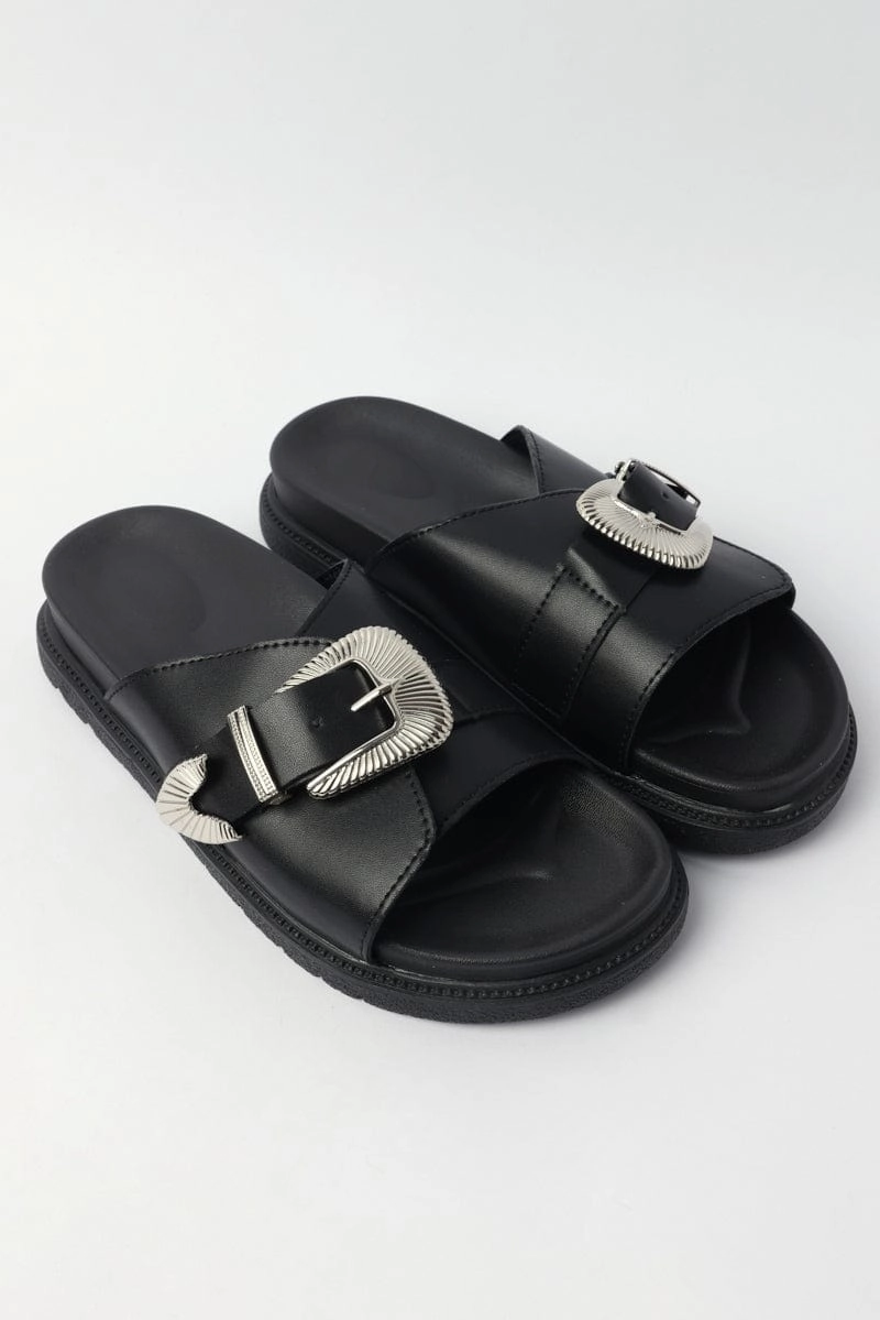 Black Buckled Detail Flat Sandals Slippers