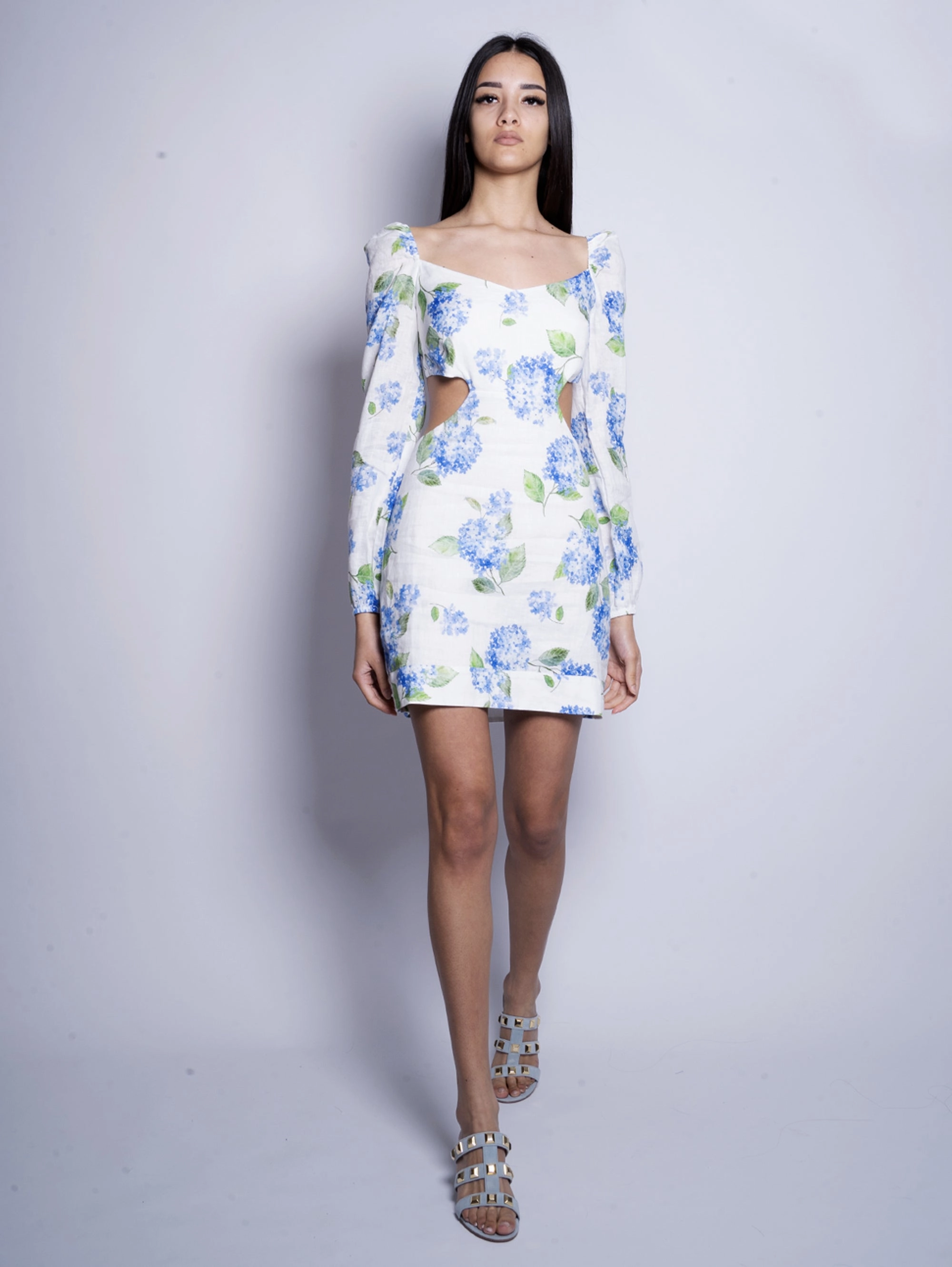 Blue Floral Print Cut-Out Linen Dress