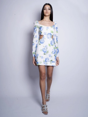 Blue Floral Print Cut-Out Linen Dress