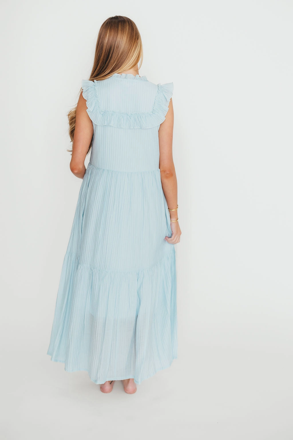 Brynn Ruffle Tiered Midi Dress in Blue