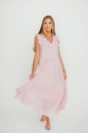 Brynn Ruffle Tiered Midi Dress in Pink
