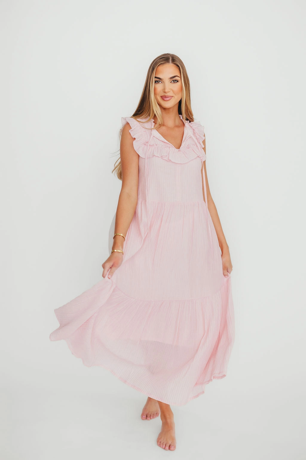 Brynn Ruffle Tiered Midi Dress in Pink