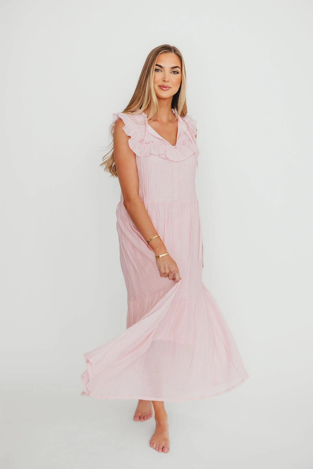 Brynn Ruffle Tiered Midi Dress in Pink