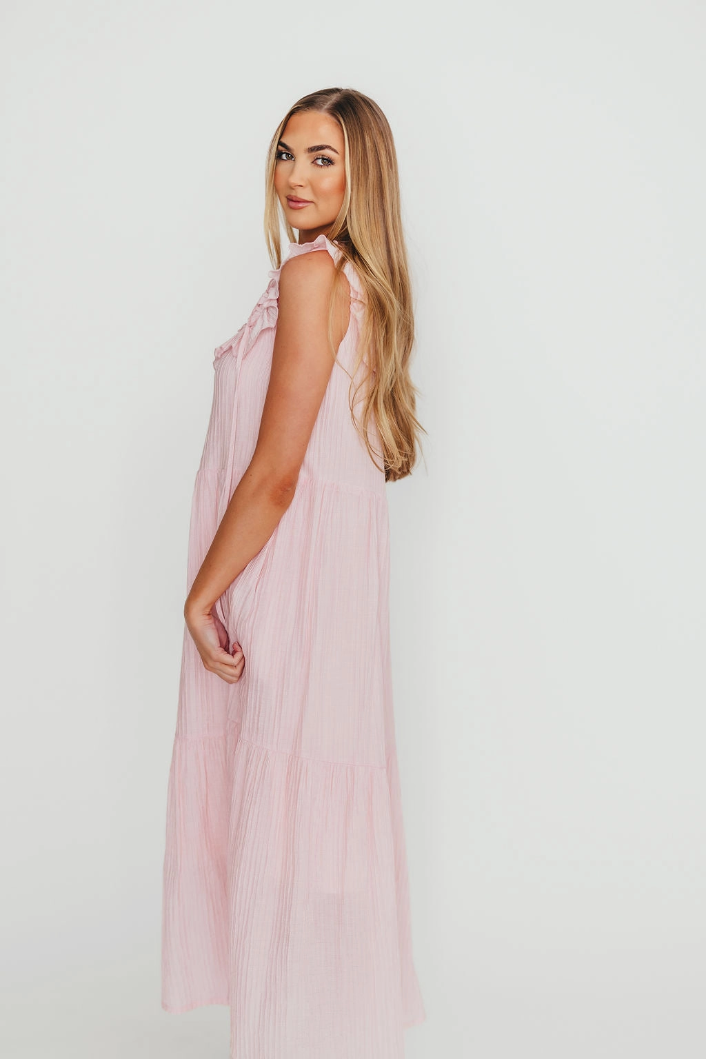 Brynn Ruffle Tiered Midi Dress in Pink