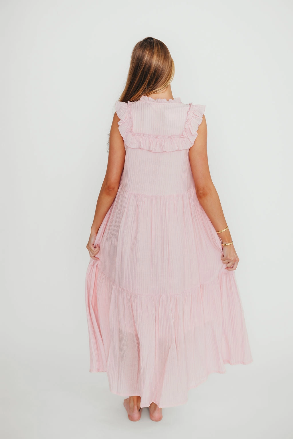 Brynn Ruffle Tiered Midi Dress in Pink