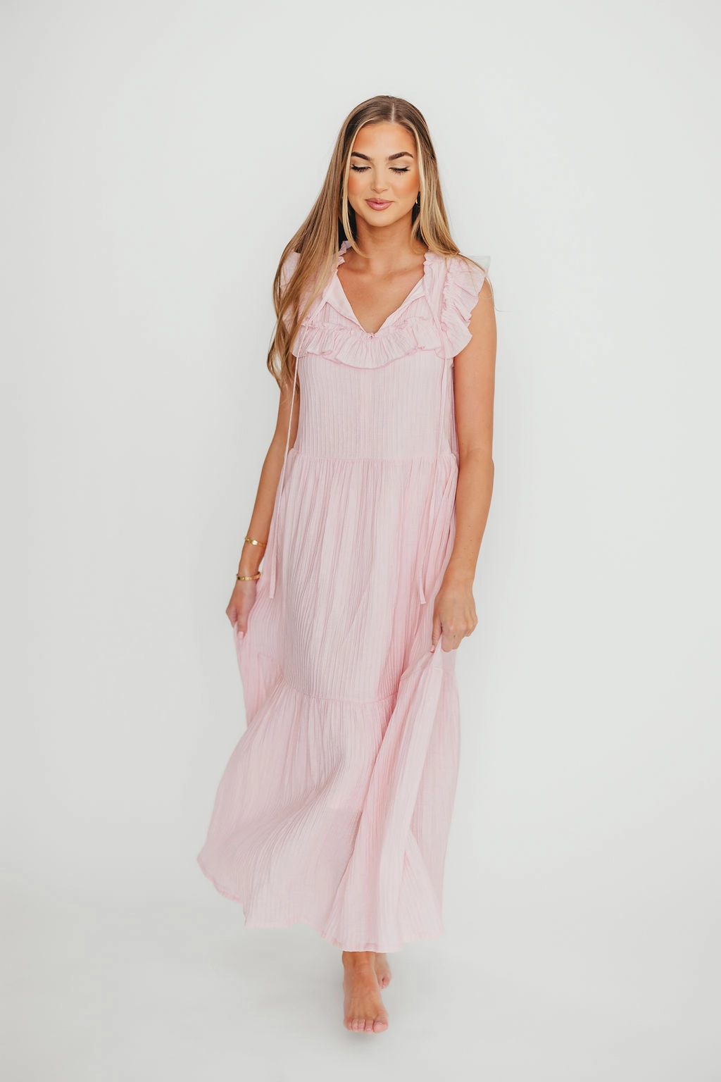 Brynn Ruffle Tiered Midi Dress in Pink