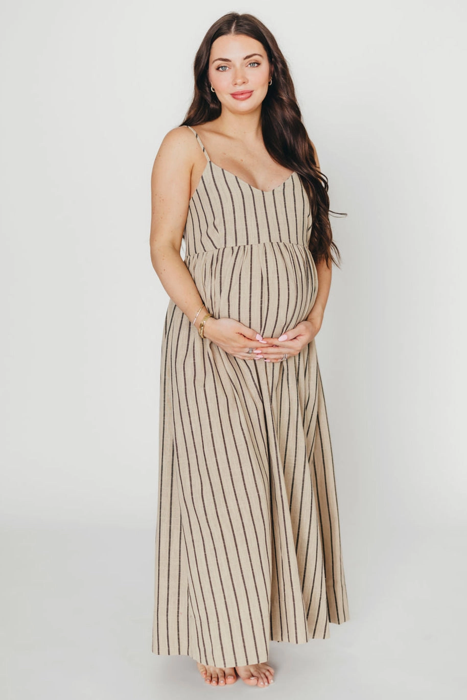Carley Cotton & Linen Maxi Dress in Beige/Charcoal Stripe - Bump Friendly