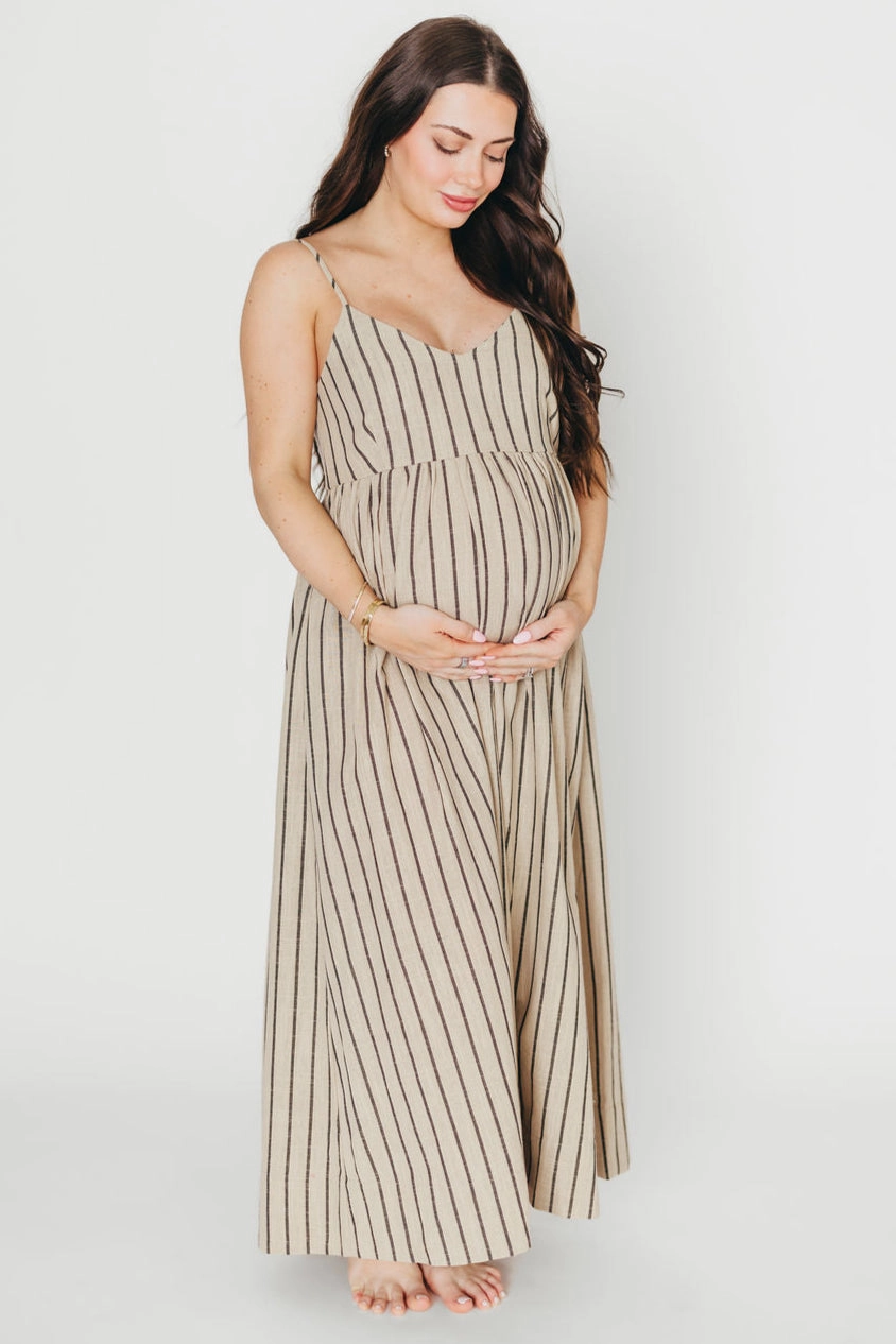 Carley Cotton & Linen Maxi Dress in Beige/Charcoal Stripe - Bump Friendly