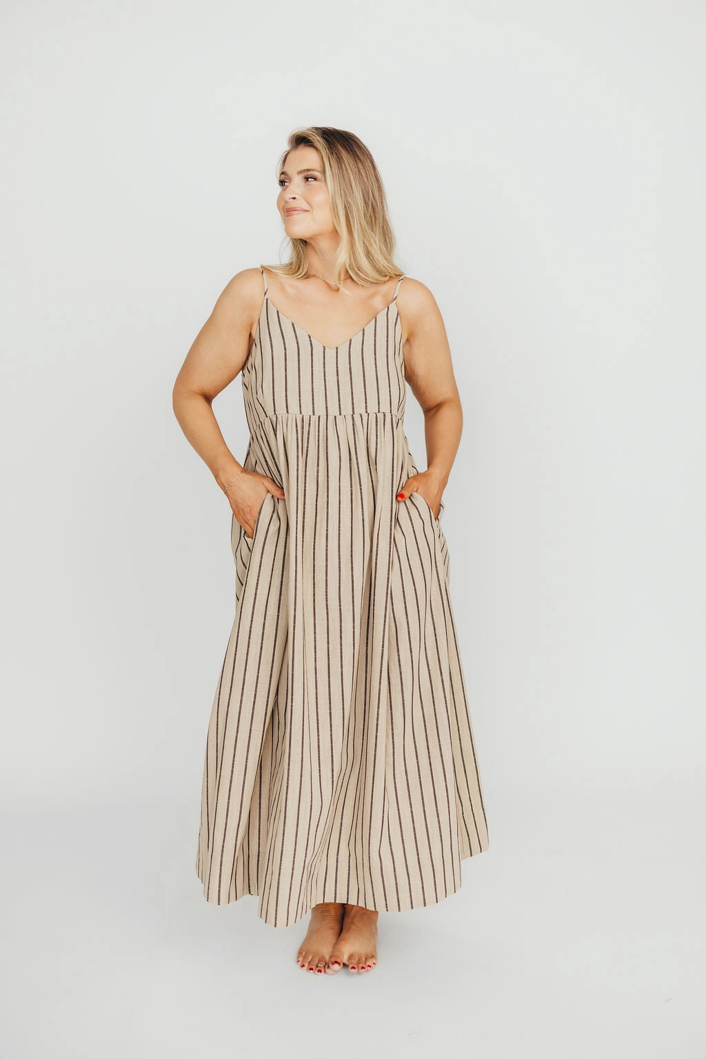 Carley Cotton & Linen Maxi Dress in Beige/Charcoal Stripe - Bump Friendly