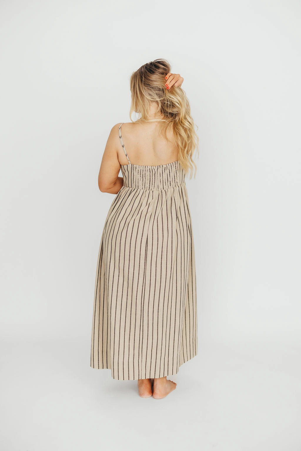 Carley Cotton & Linen Maxi Dress in Beige/Charcoal Stripe - Bump Friendly