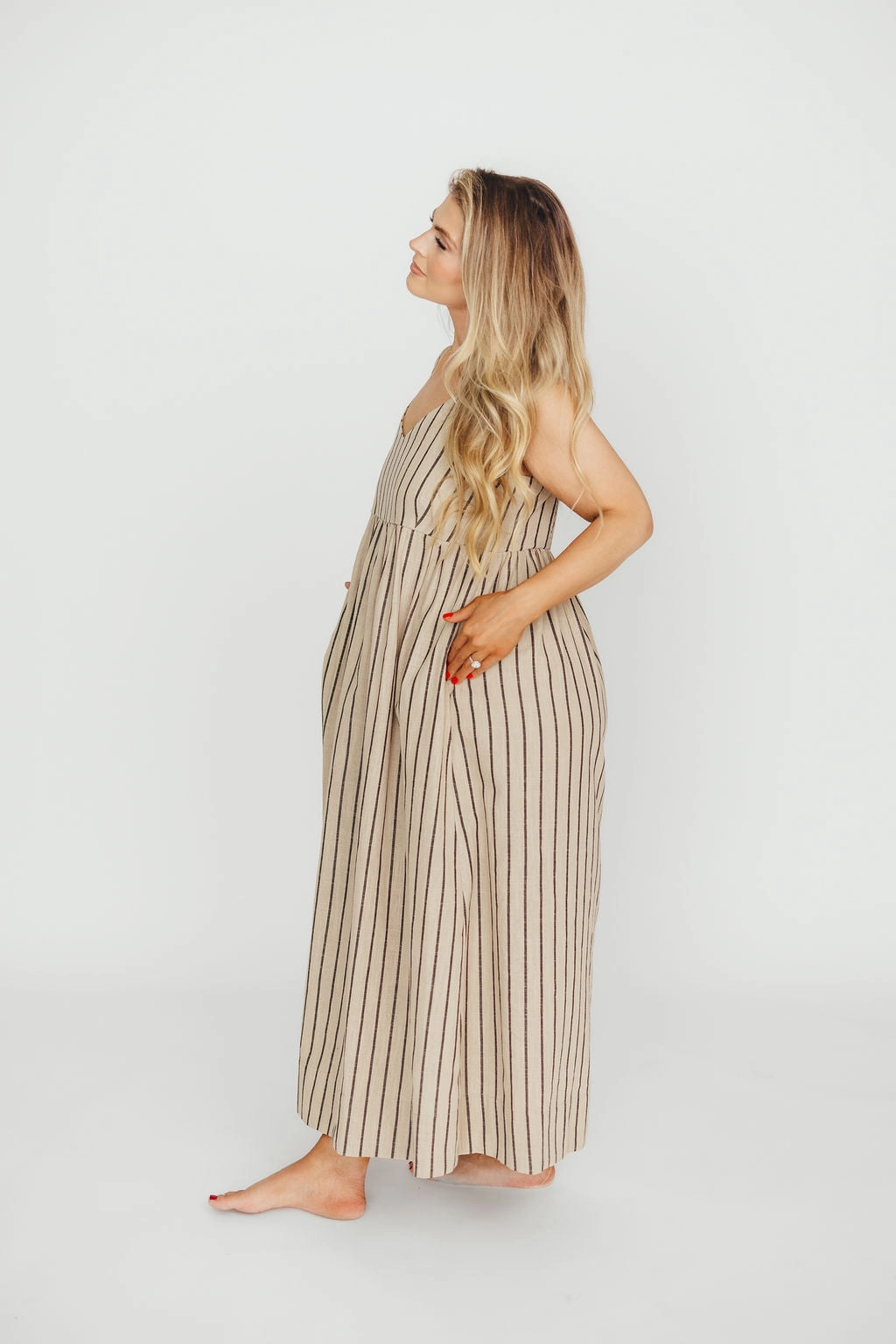 Carley Cotton & Linen Maxi Dress in Beige/Charcoal Stripe - Bump Friendly