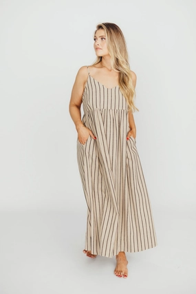 Carley Cotton & Linen Maxi Dress in Beige/Charcoal Stripe - Bump Friendly