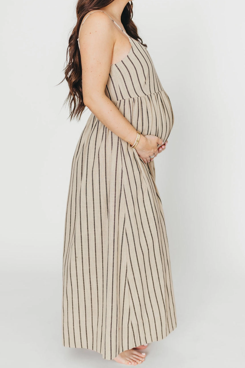 Carley Cotton & Linen Maxi Dress in Beige/Charcoal Stripe - Bump Friendly