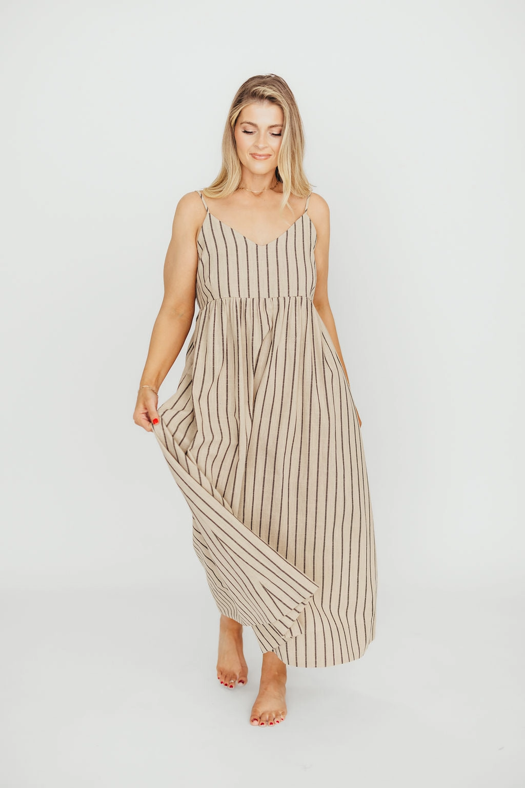 Carley Cotton & Linen Maxi Dress in Beige/Charcoal Stripe - Bump Friendly