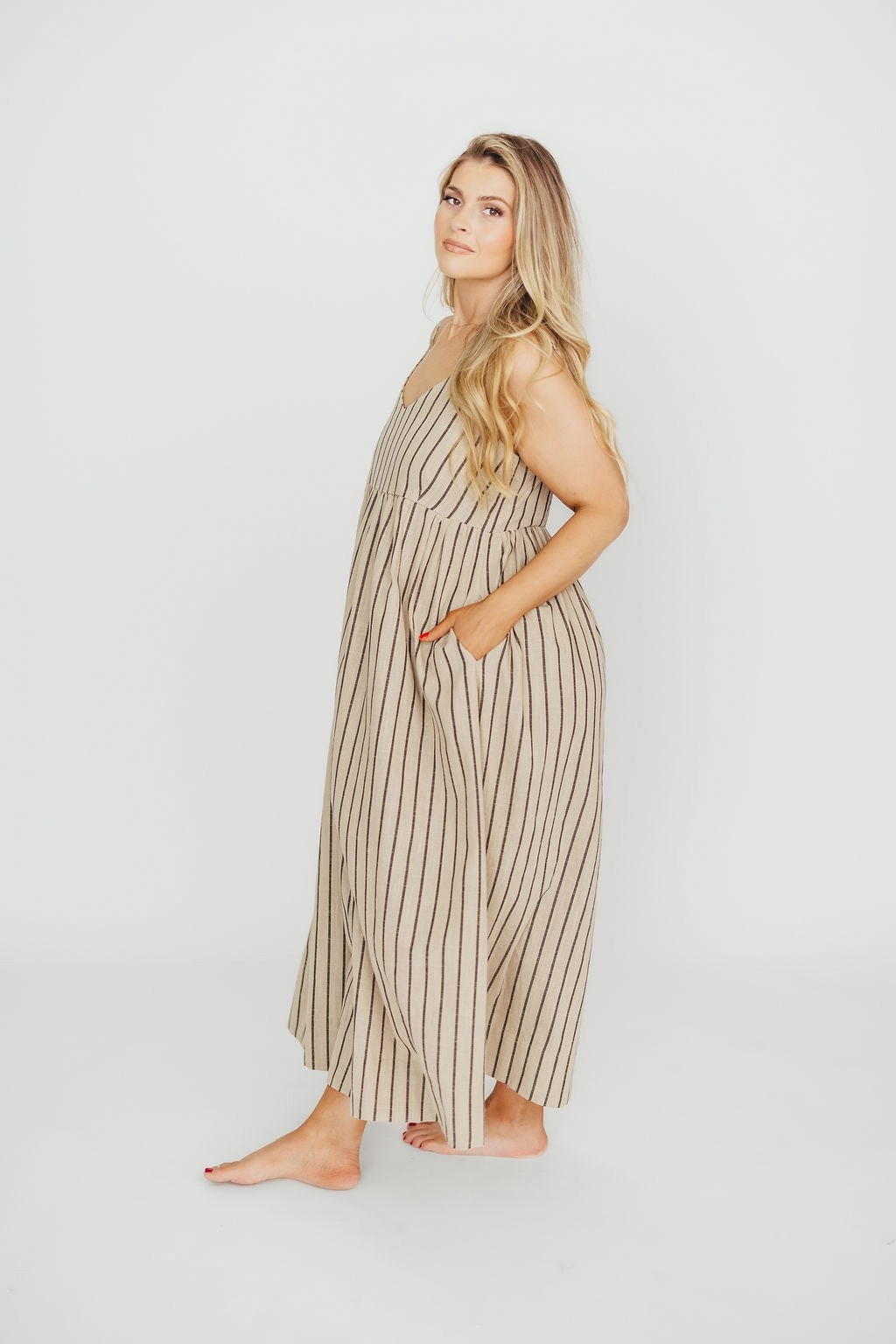 Carley Cotton & Linen Maxi Dress in Beige/Charcoal Stripe - Bump Friendly