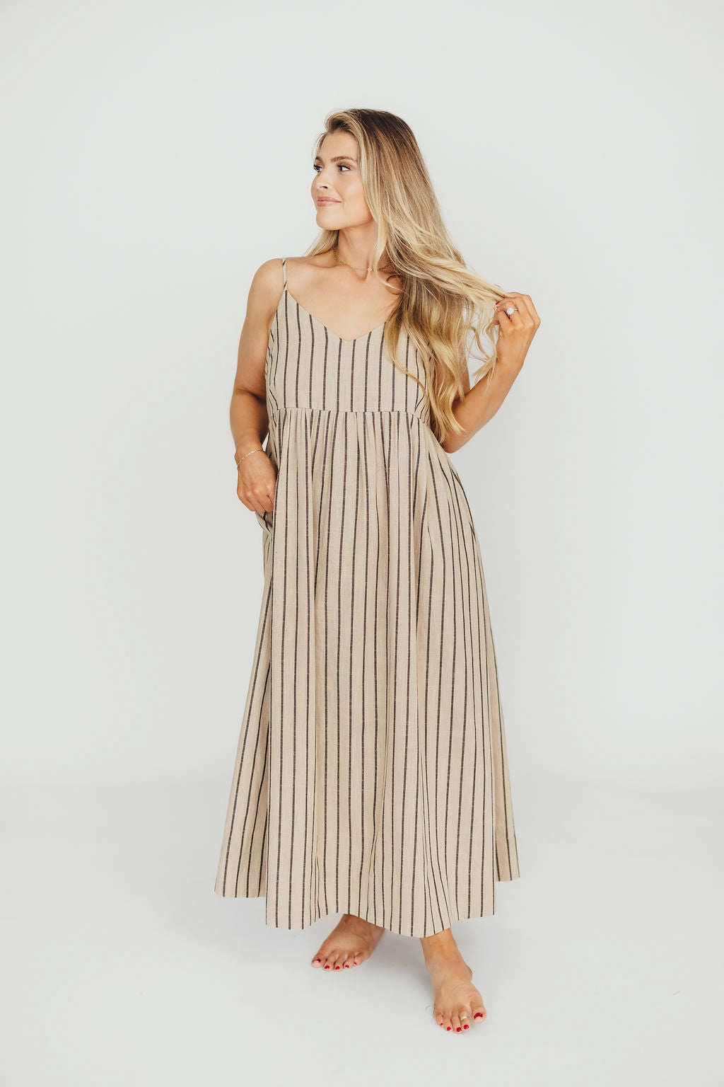 Carley Cotton & Linen Maxi Dress in Beige/Charcoal Stripe - Bump Friendly