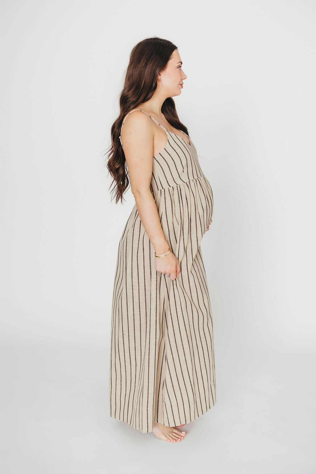 Carley Cotton & Linen Maxi Dress in Beige/Charcoal Stripe - Bump Friendly