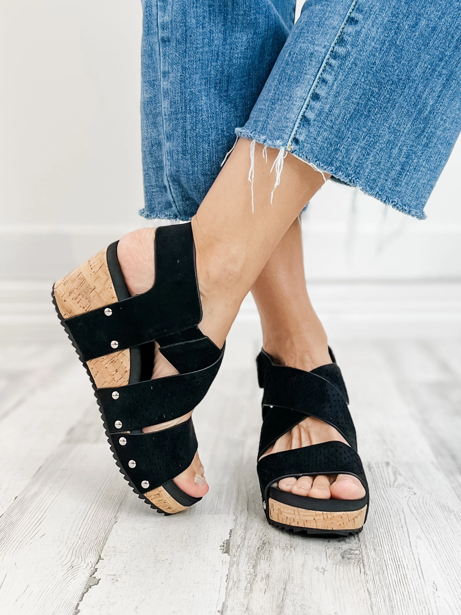 Corky's Guilty Wedge Sandal in Black Faux Suede