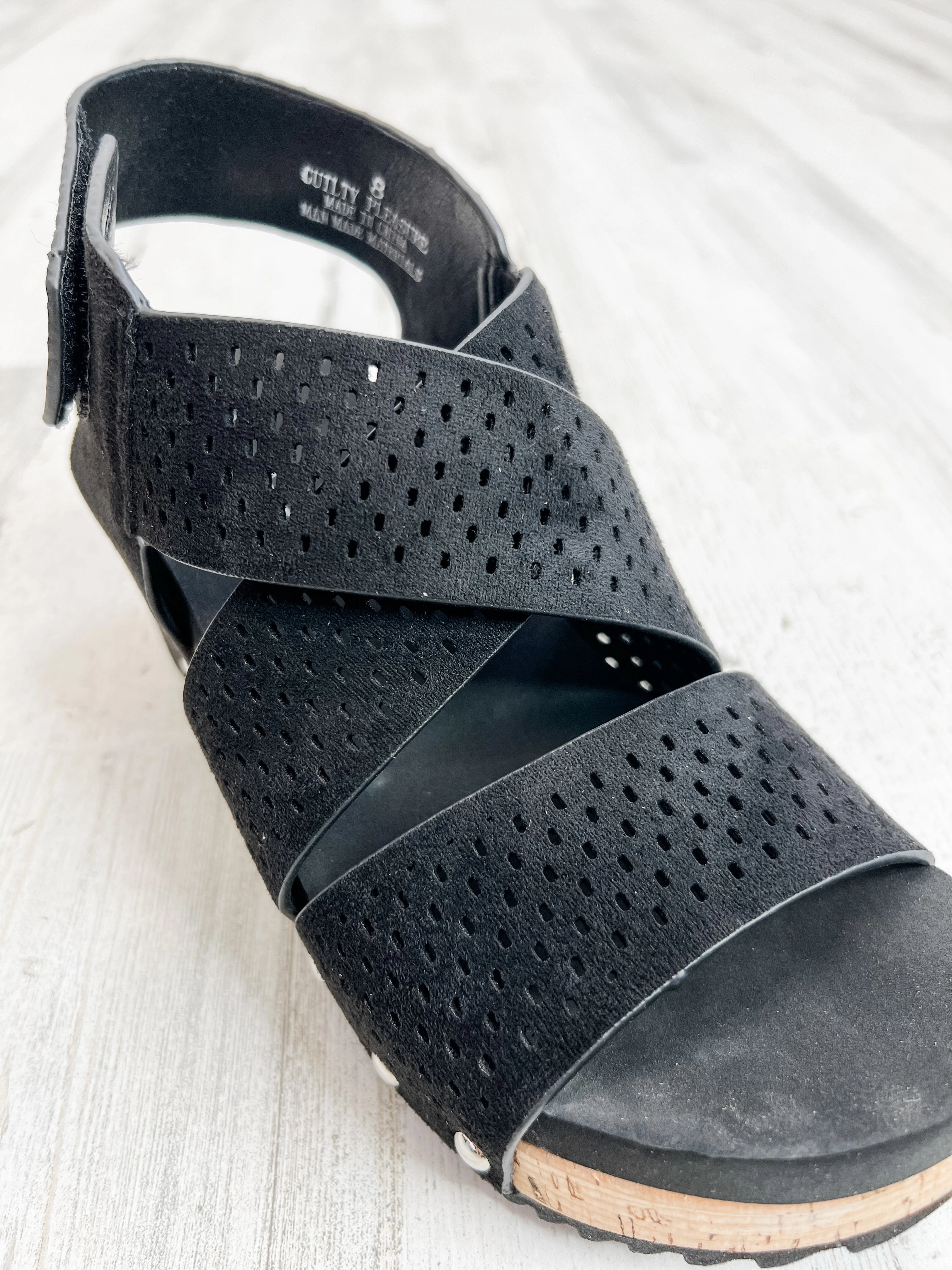 Corky's Guilty Wedge Sandal in Black Faux Suede