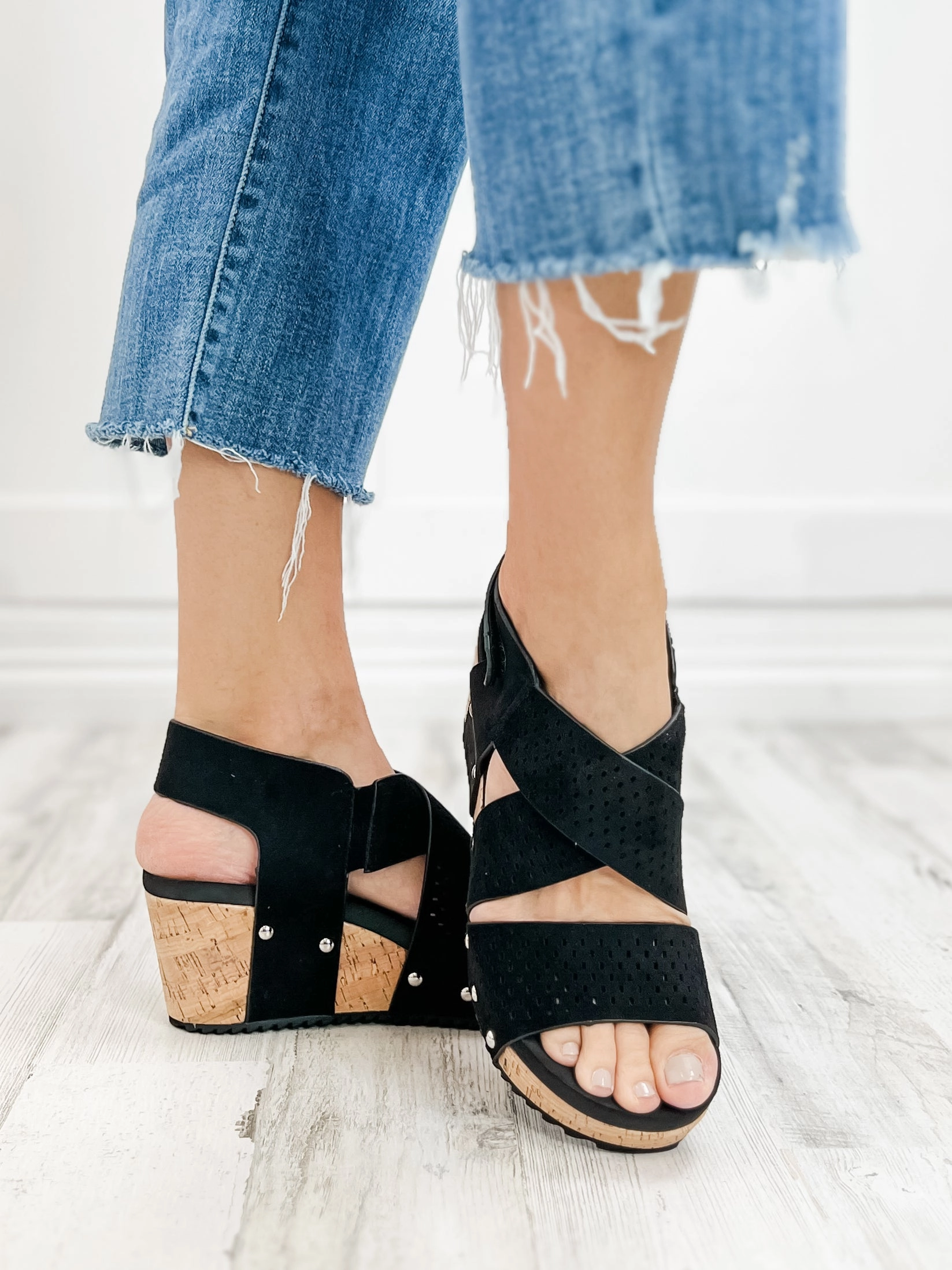 Corky's Guilty Wedge Sandal in Black Faux Suede