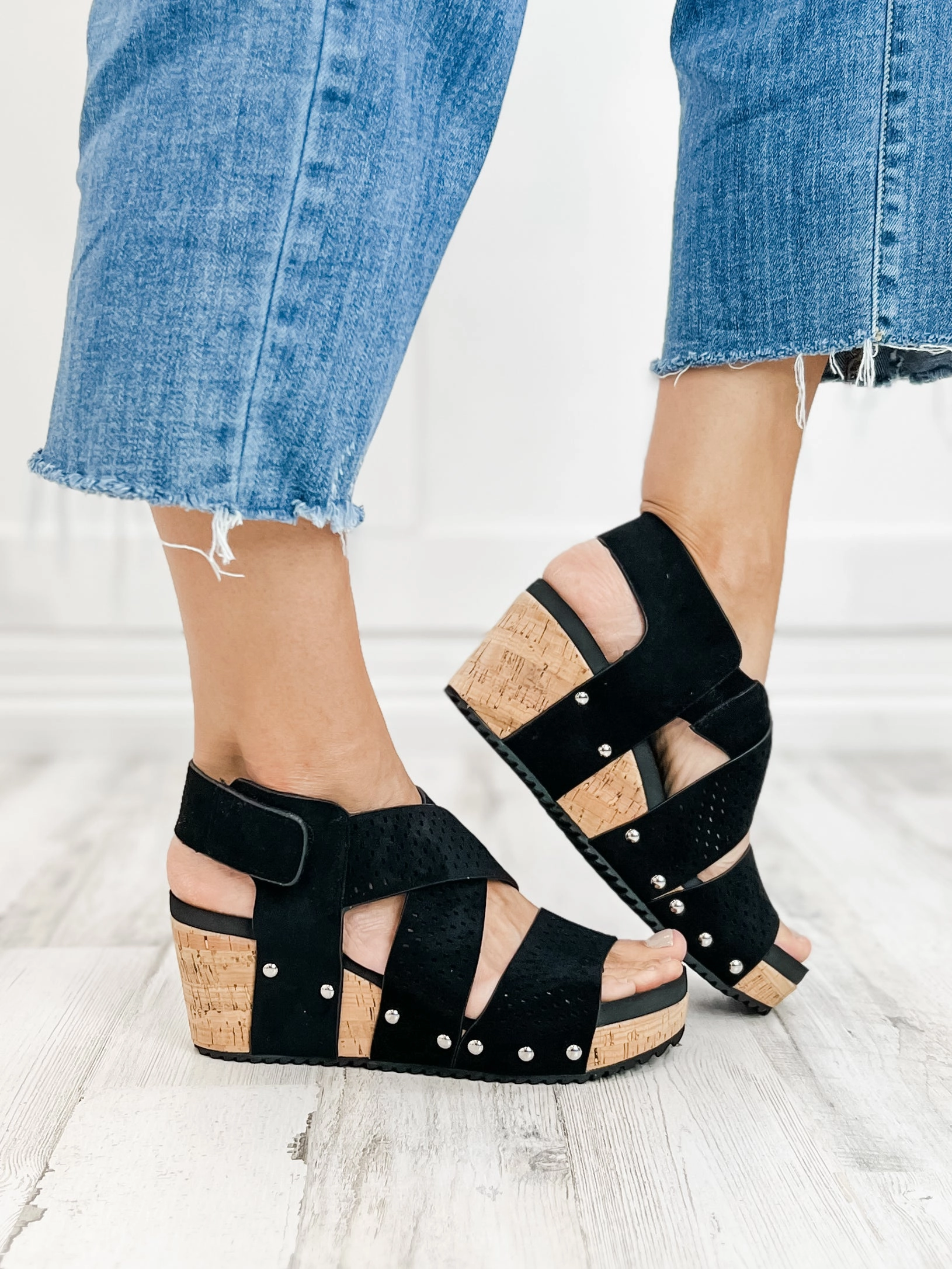 Corky's Guilty Wedge Sandal in Black Faux Suede