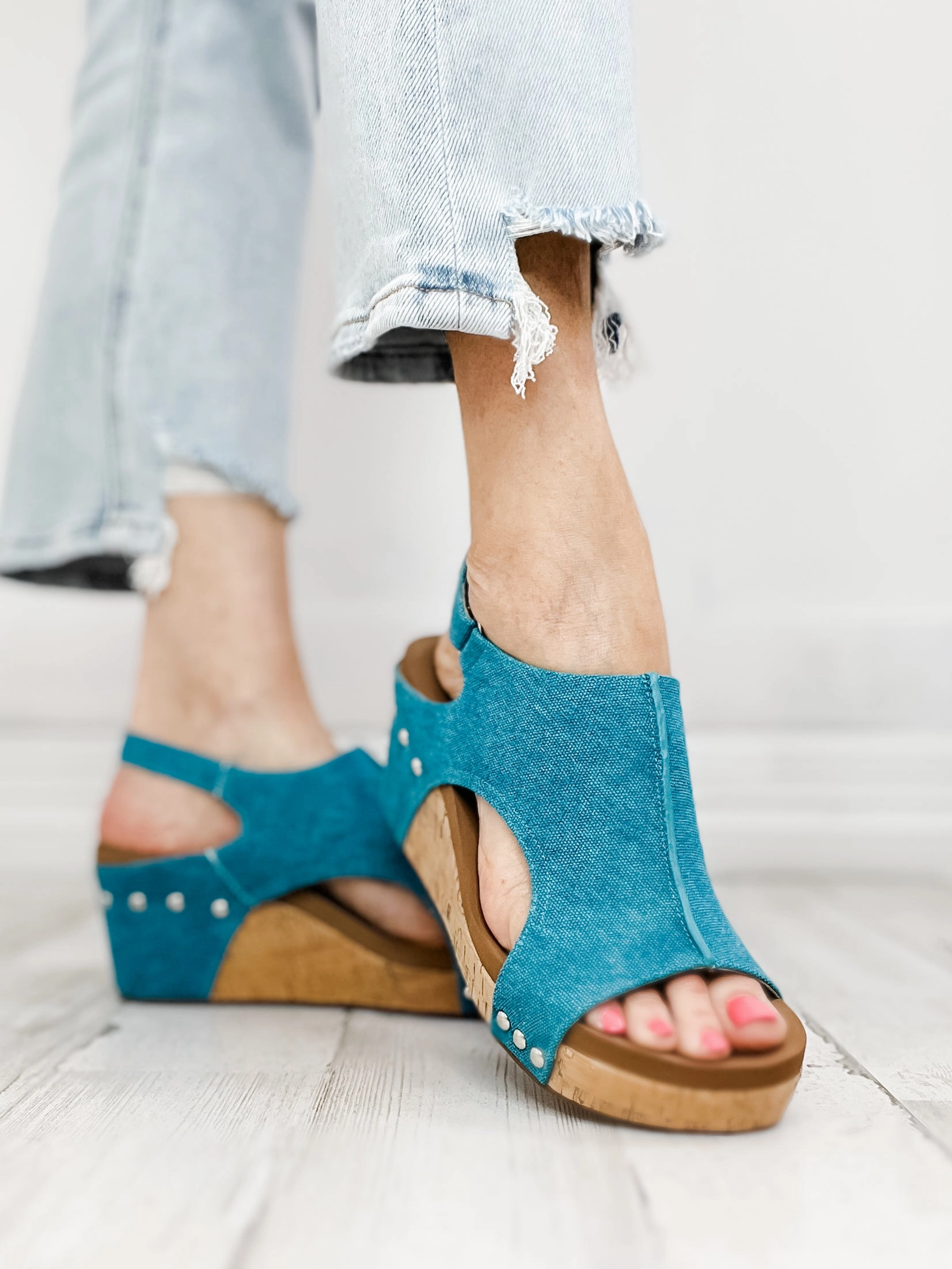 Corkys Carley Turquoise Washed Canvas Wedge Shoe