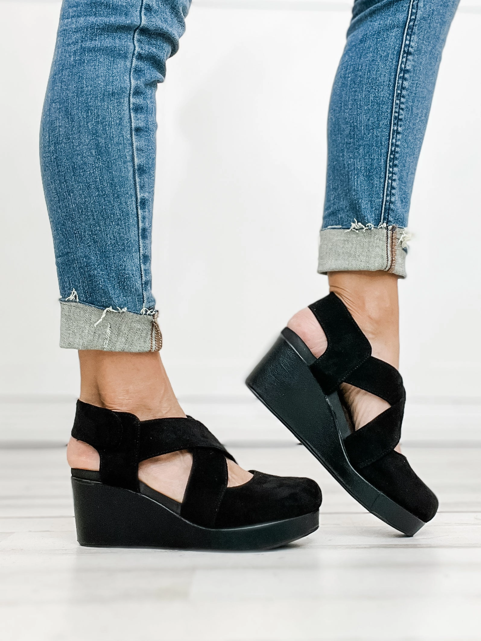 Corkys Case Closed Closed Toe Wedges in Black Faux Suede
