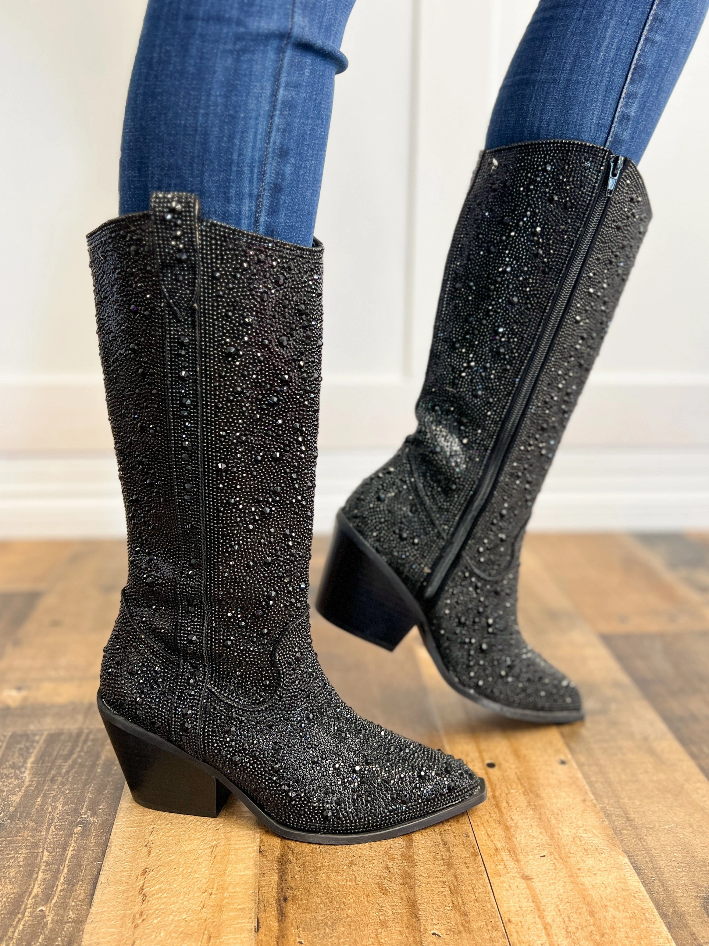 Corkys Glitzy Rhinestone Boots in Black - Available in Wide or Regular Calf