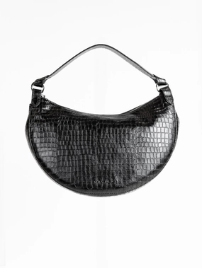 Dumpling Bag in Black Croco Print Leather