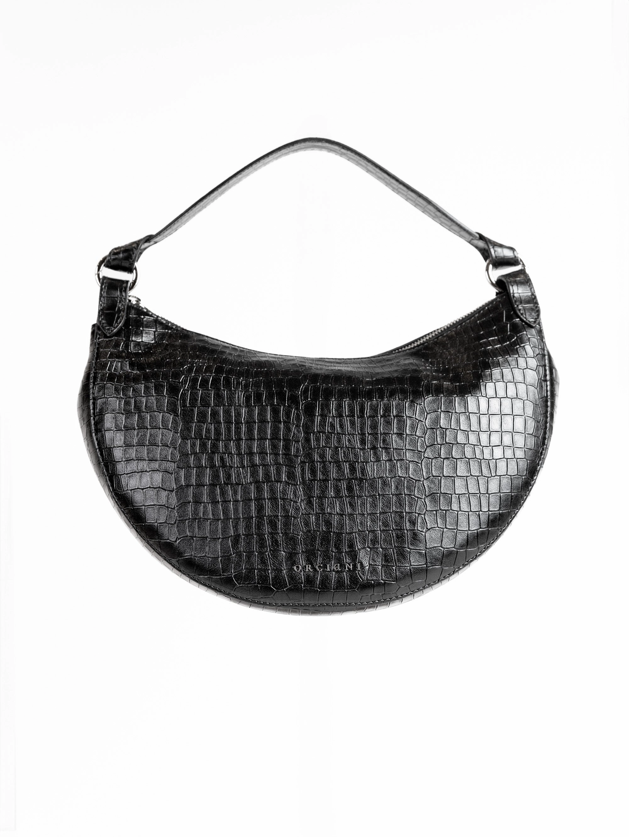 Dumpling Bag in Black Croco Print Leather