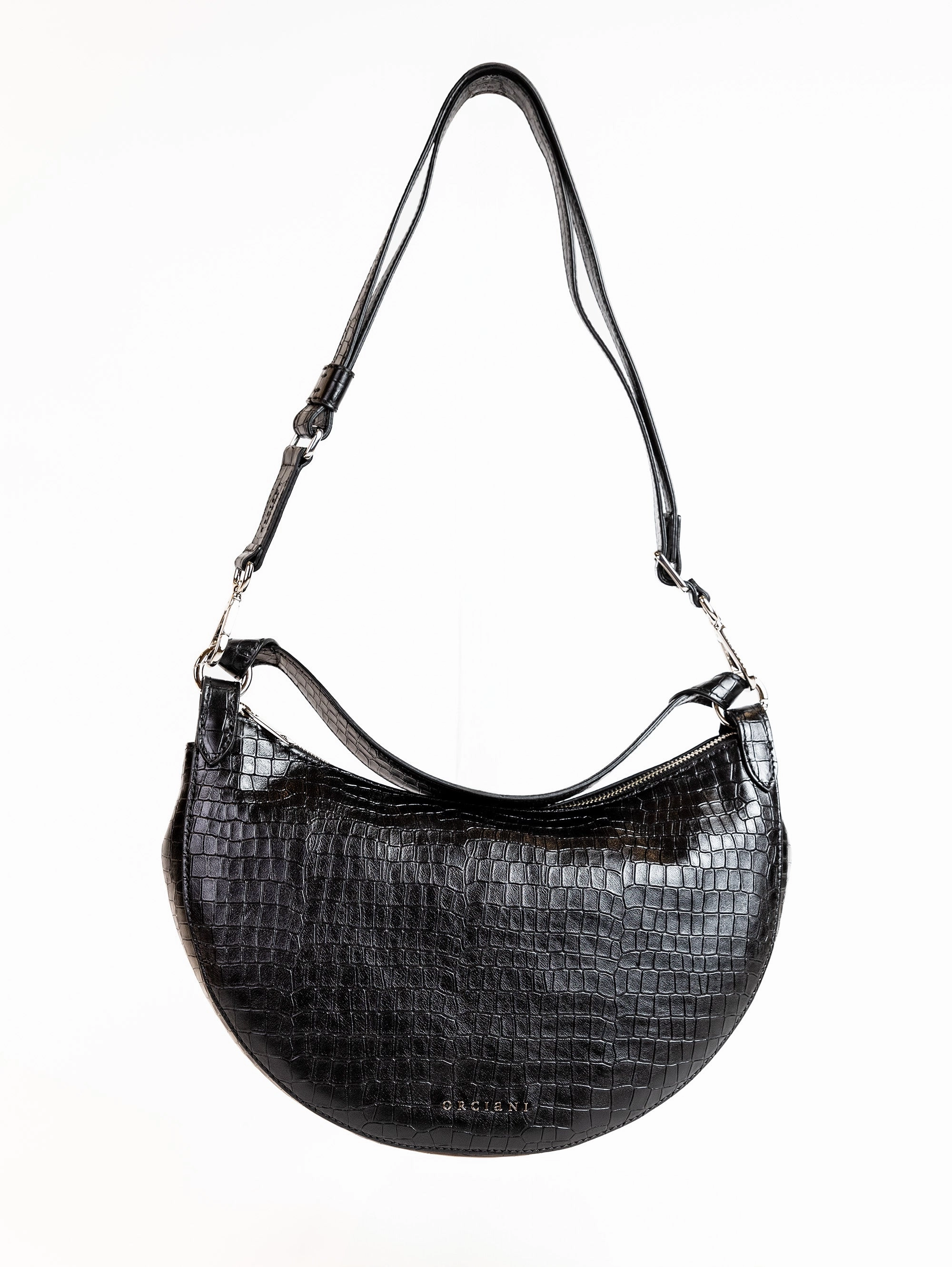 Dumpling Bag in Black Croco Print Leather