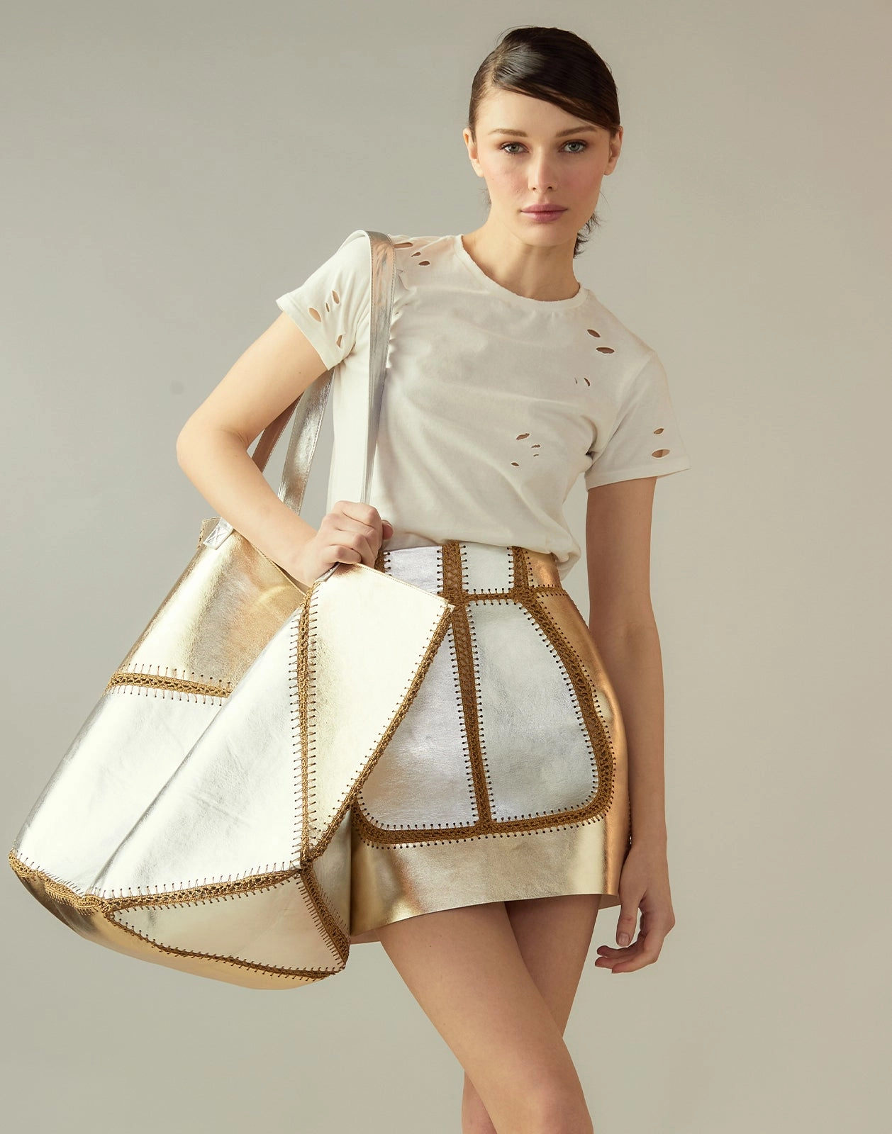 Mixed Metallic Vegan Leather Oversized Tote