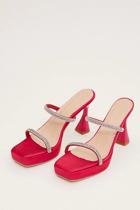 Pink Rhinestone Square Toe Mule Heeled Sandals