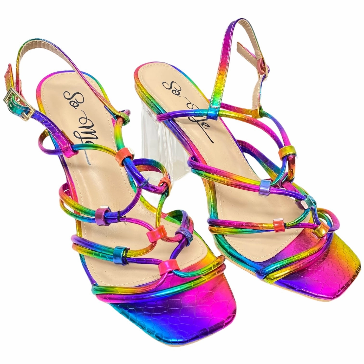 Sandals Heels Block By So Me In Rainbow Print, Size: 7.5
