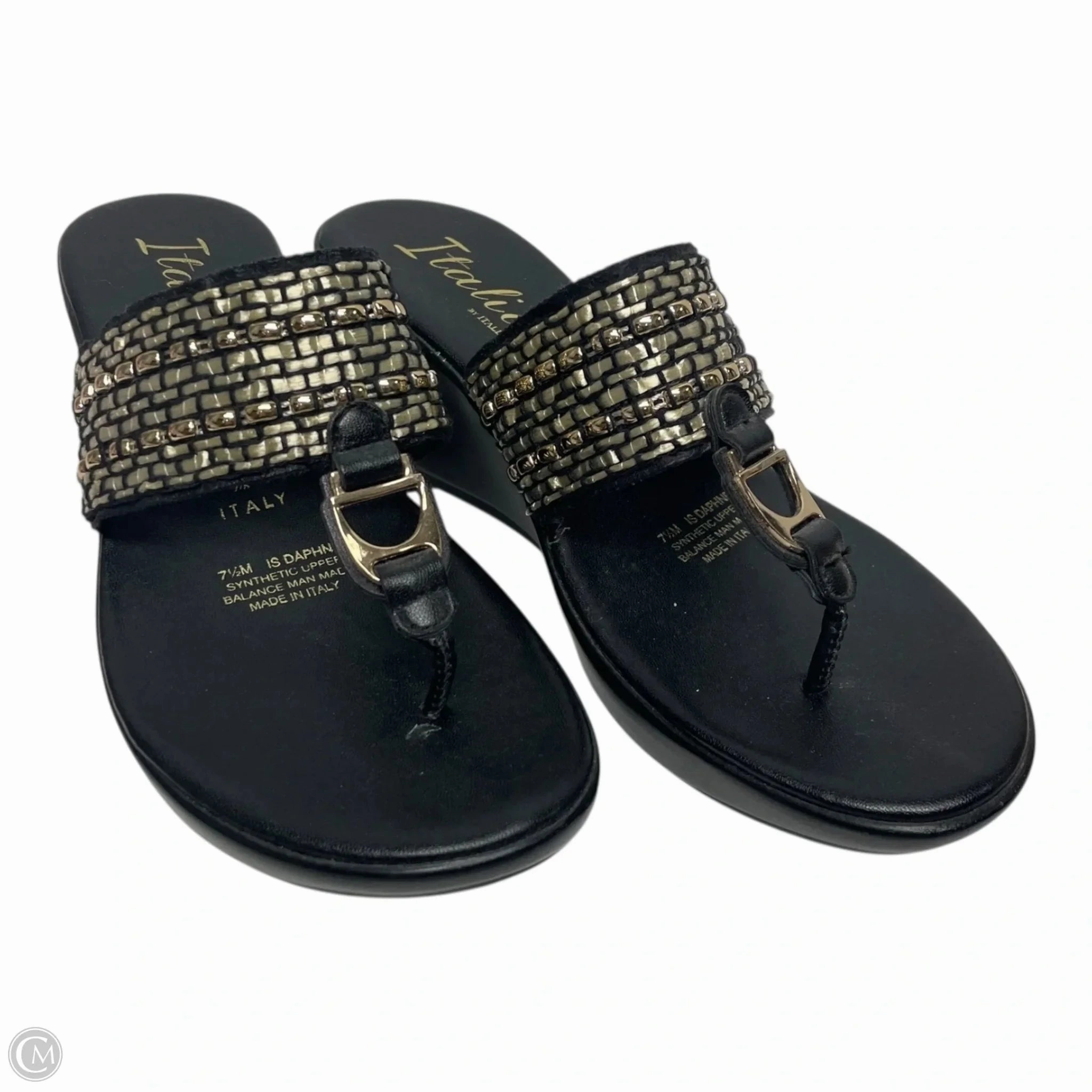 Sandals Heels Wedge By Italian Shoemakers In Black & Gold, Size: 7.5