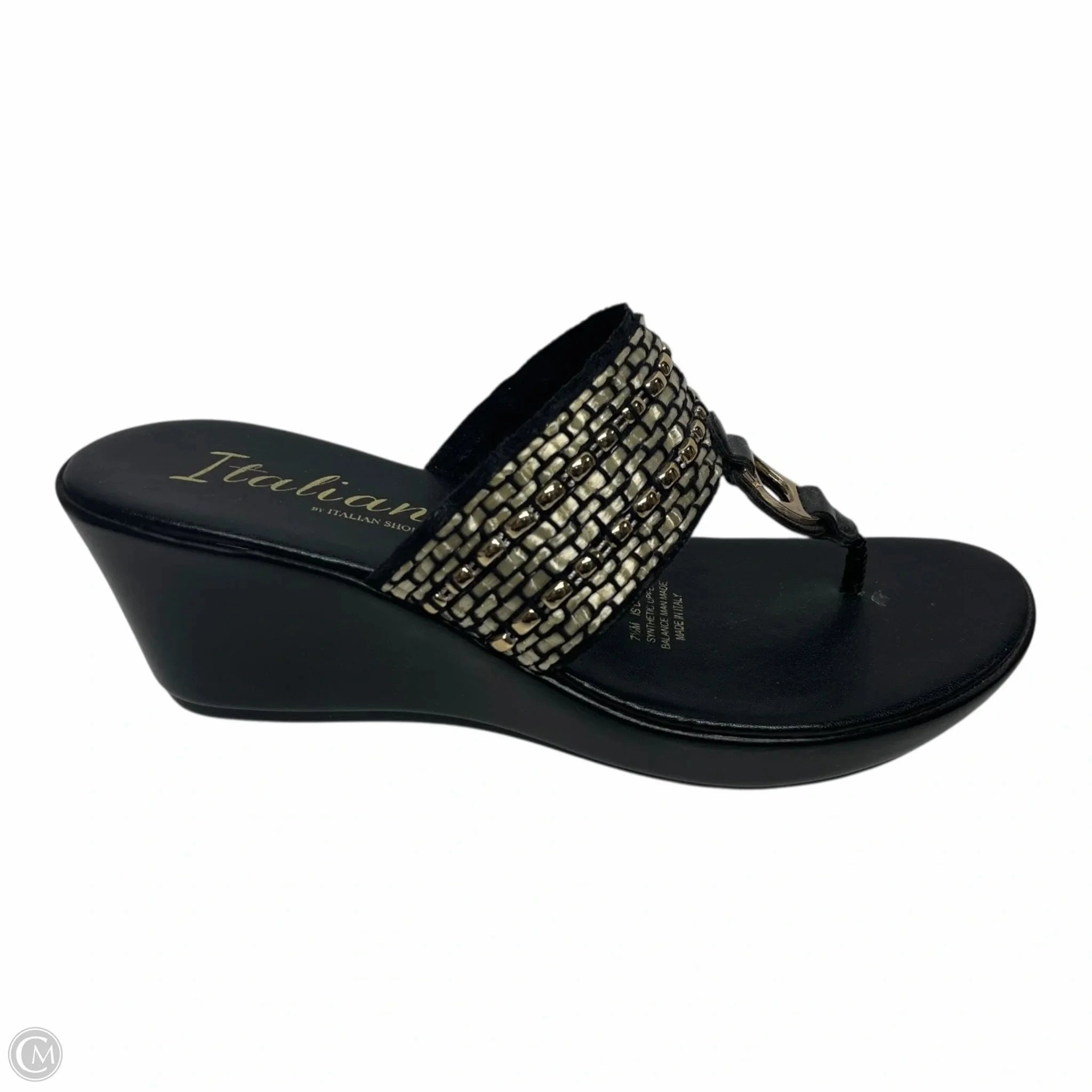 Sandals Heels Wedge By Italian Shoemakers In Black & Gold, Size: 7.5