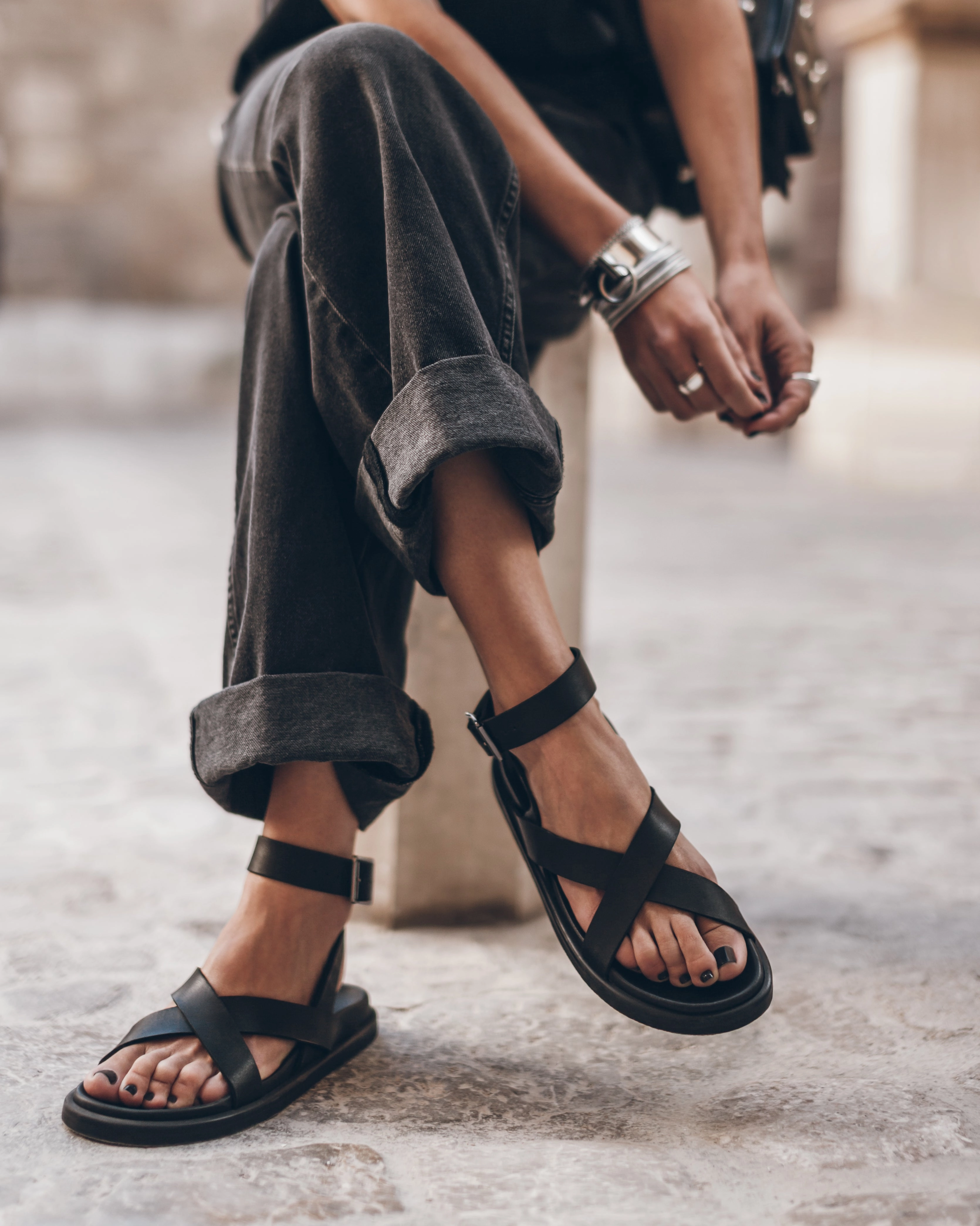 The Black Strappy Leather Sandals