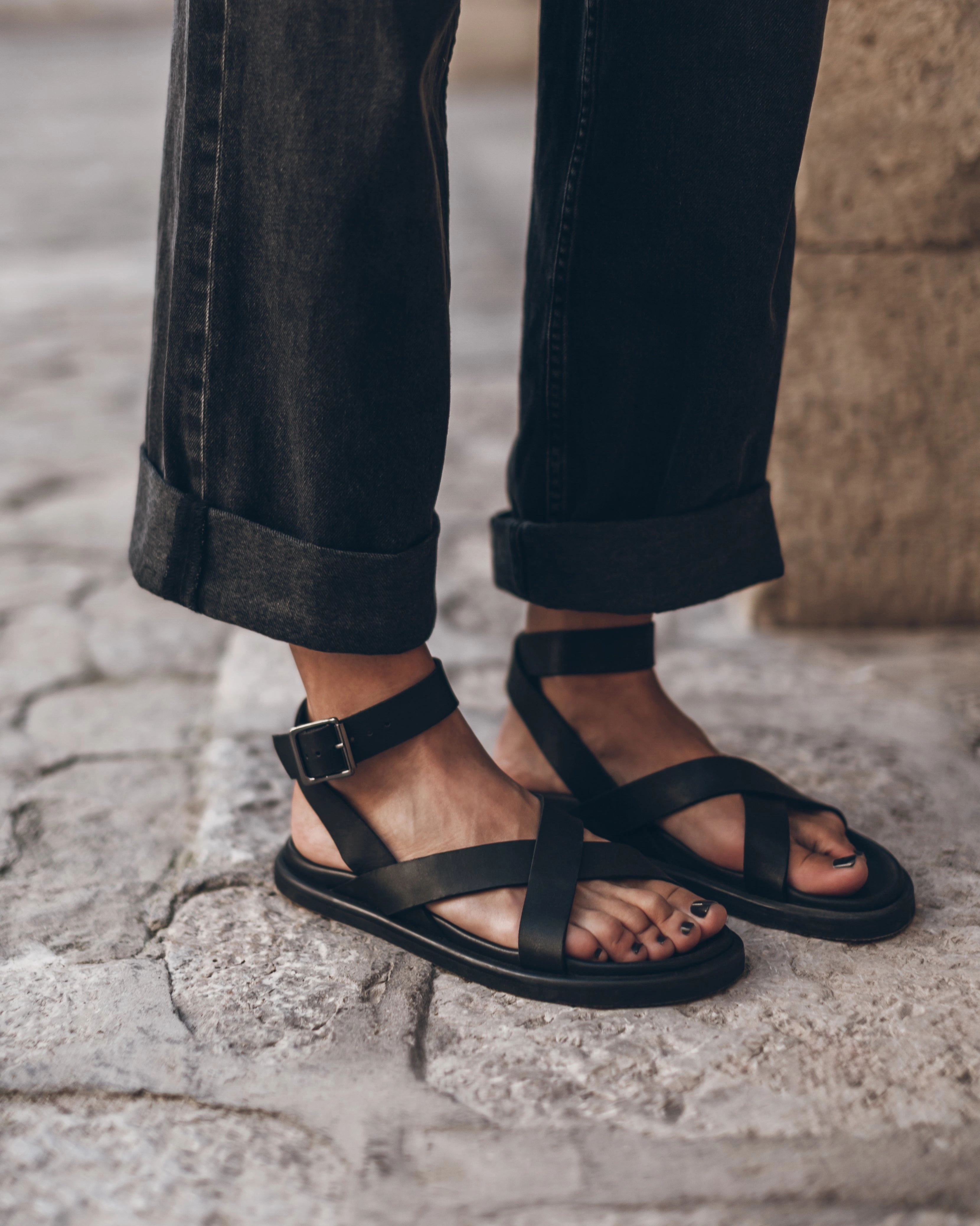 The Black Strappy Leather Sandals