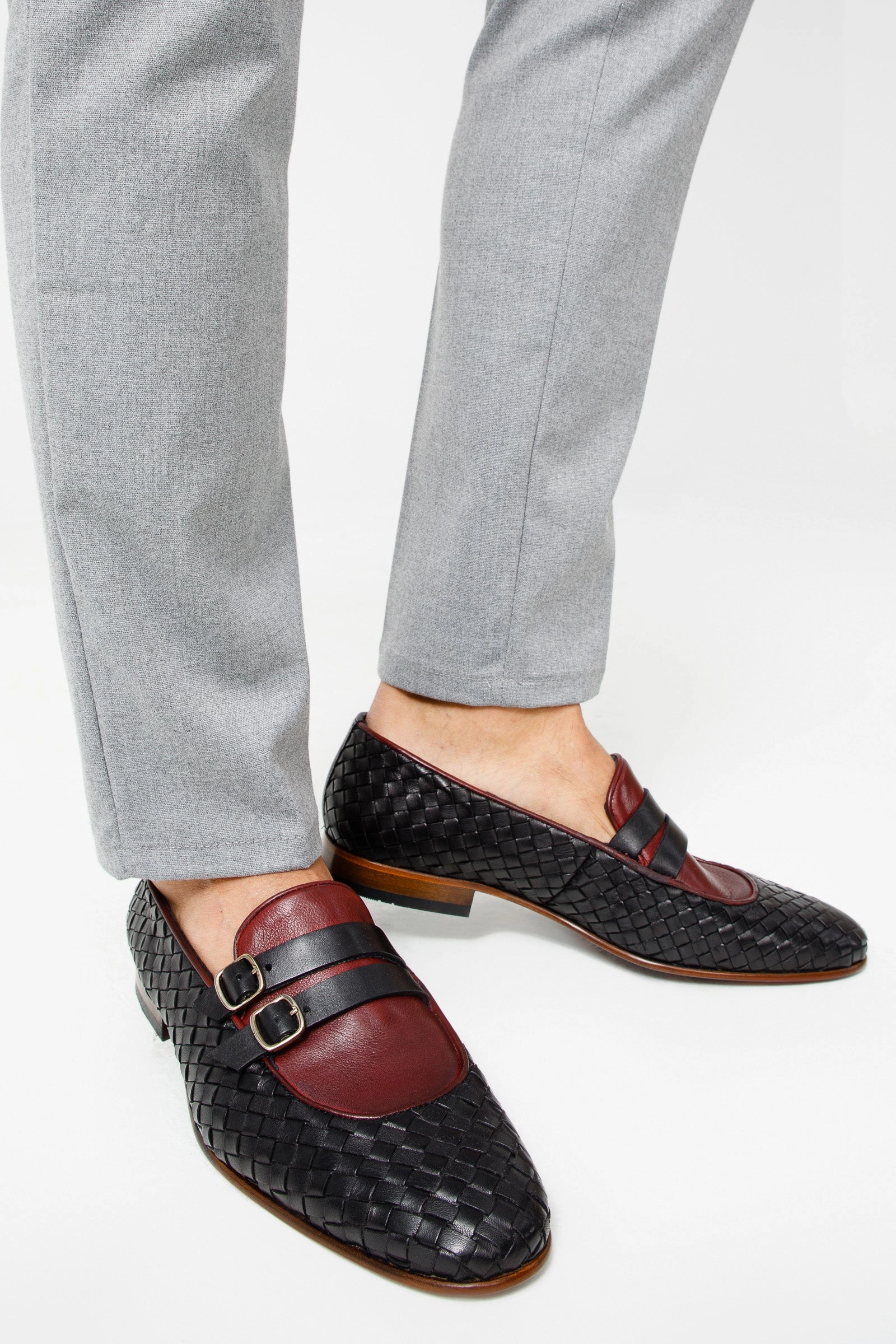 The Vatra Black & Burgundy Woven Double Monk Strap Men Shoe